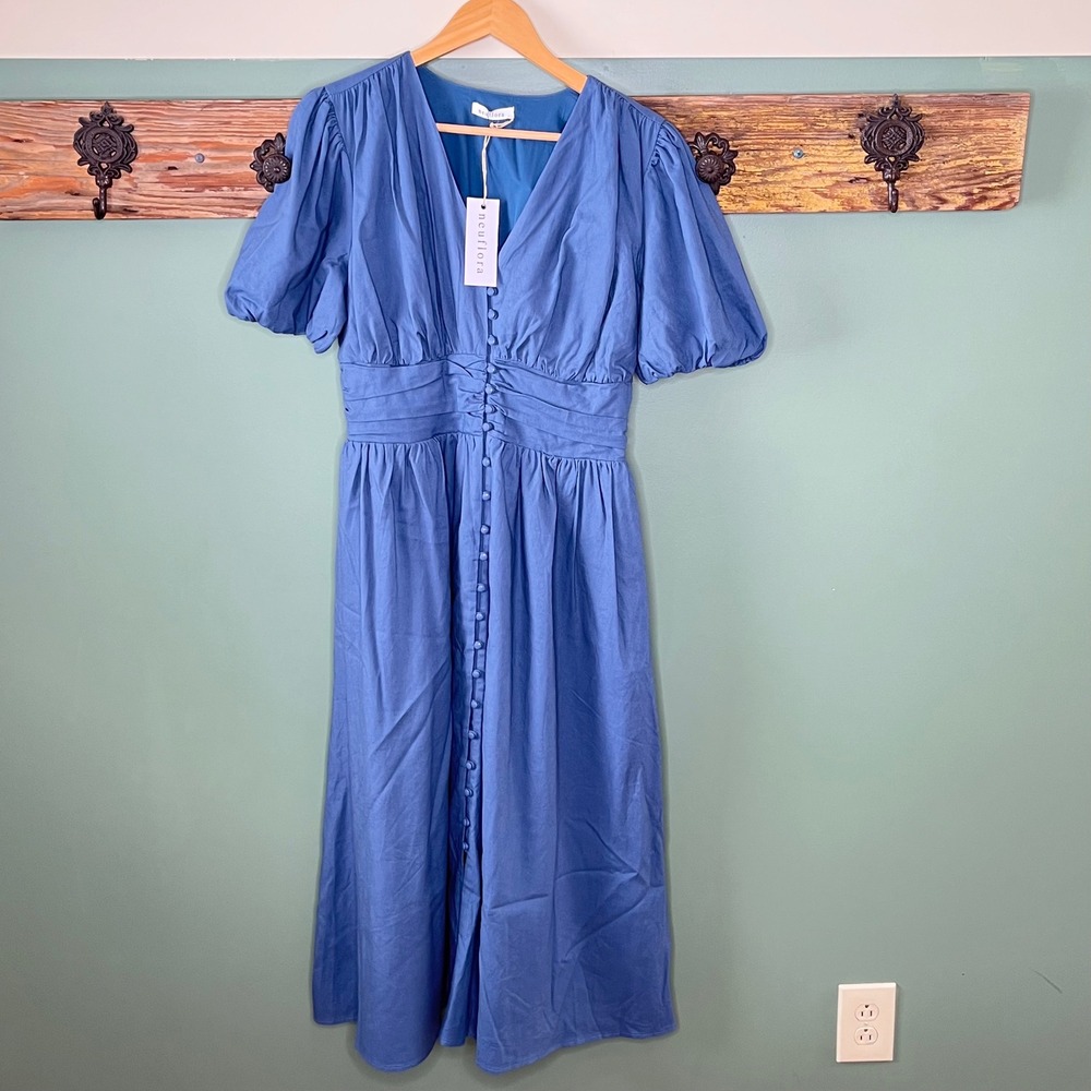 Neuflora Blue Linen Blend Puff Sleeve Button Front Midi Dress Modest Prairie‎ L